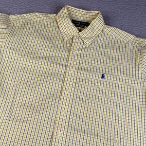 RALPH LAUREN Shirt Mens Large Yellow Blue Check Button Classic Fit Blue Pony VTG